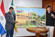 Estudiante de la ESBA-UNE entrega cuadro al rector