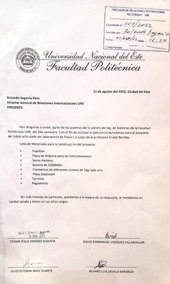 Nota presentado por los estudiantes al Director General de Relaciones Internacionales.