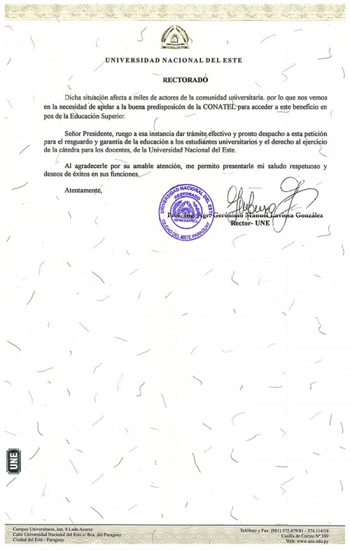 Nota remitida al presidente de CONATEL, Ing. Juan Carlos Duarte Duré.